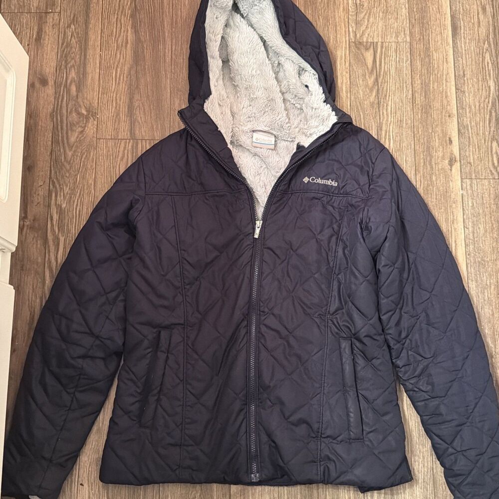 Columbia Copper Crest Hooded Jacket Women’s L NWOT Navy Quilted Fleece Fur￼￼￼